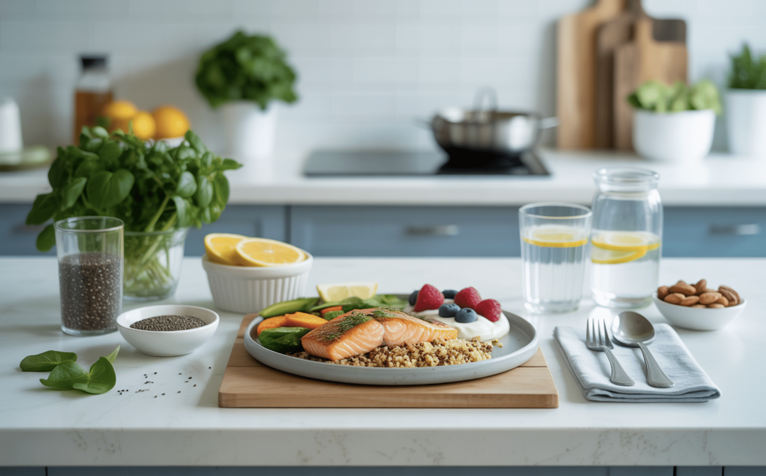 Healthy, evidence-based meal for GLP-1 patients showing salmon, quinoa, vegetables, and berries arranged on a clean, modern kitchen table.